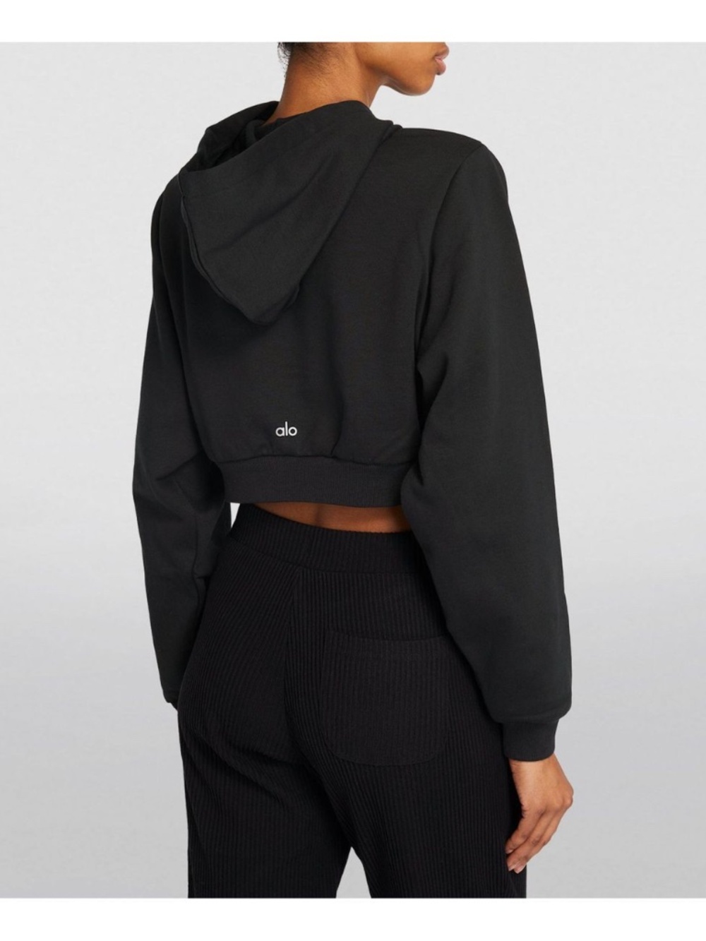 ALO CROPPED SHOULDER PAD HEADLINER HOODIE IN BLACK SIZE S!